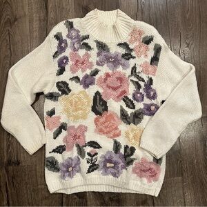 Vintage Hand Knit Chrysanthemum Sweater Womens White Floral Pink Purple Flowers